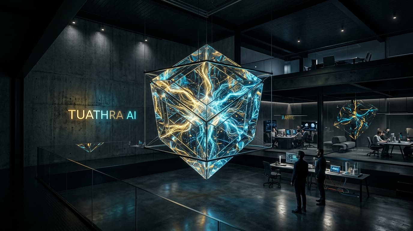 Glass prism with gold and cyan light, the Tuathra studio visual